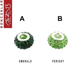 Emerald ve Peridot (K. Yeşil ve A. Yeşil) 10x14 mm Kristal Taşlı Pave İri Delik Boncuk / Paket İçeriği 1 Adet