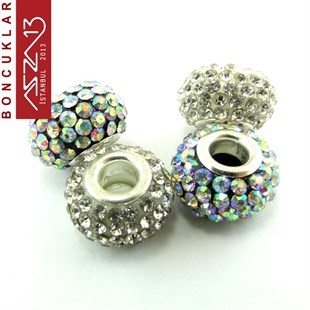 Crystal ve Crystal AB (Beyaz ve Efektli Beyaz) 10x14 mm Kristal Taşlı Pave İri Delik Boncuk / Paket İçeriği 1 Adet