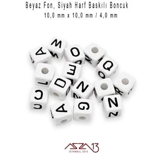 1. Kalite 120 Adet 10 mm Beyaz Fon, Siyah Harfli Küp Boncuk (100 Gr)