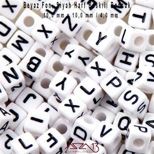 1. Kalite 120 Adet 10 mm Beyaz Fon, Siyah Harfli Küp Boncuk (100 Gr)