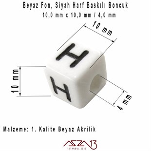 1. Kalite 120 Adet 10 mm Beyaz Fon, Siyah Harfli Küp Boncuk (100 Gr)