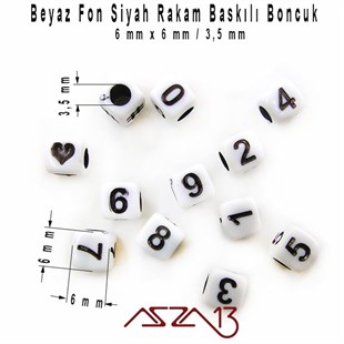 145 Adet 6 mm Beyaz Fon, Siyah Renk Rakamlı Küp Boncuk (25 Gr)