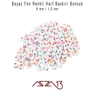 200 Adet 8 mm Beyaz Fon, Karışık Neon Renkli Harfli Yuvarlak Boncuk (50 Gr)