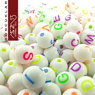 200 Adet 8 mm Beyaz Fon, Karışık Neon Renkli Harfli Yuvarlak Boncuk (50 Gr)
