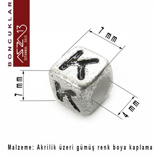 208 Adet 7 mm Gümüş Fon, Siyah Harfli Küp Boncuk (50 Gr)