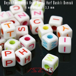 310 Adet 6 mm Beyaz Fon, Karışık Neon Renkli Harfli Küp Boncuk (50 Gr)