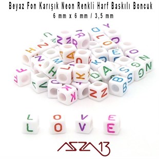 310 Adet 6 mm Beyaz Fon, Karışık Neon Renkli Harfli Küp Boncuk (50 Gr)