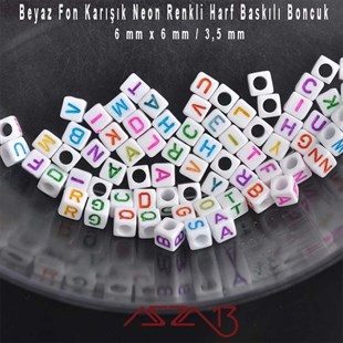 310 Adet 6 mm Beyaz Fon, Karışık Neon Renkli Harfli Küp Boncuk (50 Gr)