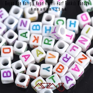 310 Adet 6 mm Beyaz Fon, Karışık Neon Renkli Harfli Küp Boncuk (50 Gr)