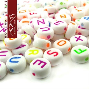 365 Adet 7 mm Beyaz Fon, Karışık Neon Renk Harfli Yassı Yuvarlak Boncuk (50 Gr)