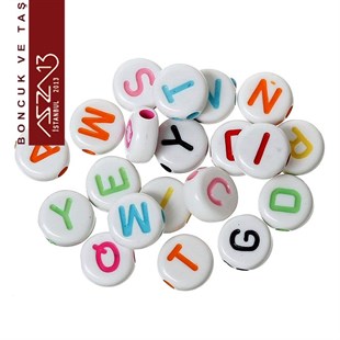 365 Adet 7 mm Beyaz Fon, Karışık Neon Renk Harfli Yassı Yuvarlak Boncuk (50 Gr)