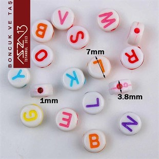 365 Adet 7 mm Beyaz Fon, Karışık Neon Renk Harfli Yassı Yuvarlak Boncuk (50 Gr)