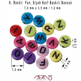 385 Adet 7 mm Karışık Renkli Fon, Siyah Harfli Yassı Yuvarlak Boncuk (50 Gr)