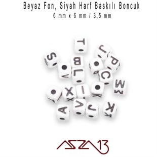 Beyaz Zemin * Siyah Harf - Küp (Zar) Boncuk - 6 mm / 300 Adet