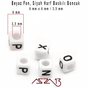 Beyaz Zemin * Siyah Harf - Küp (Zar) Boncuk - 6 mm / 300 Adet