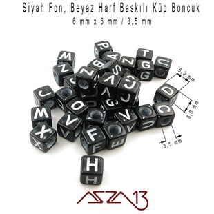 Siyah Zemin * Beyaz Harf - Küp (Zar) Boncuk - 6 mm / 300 Adet