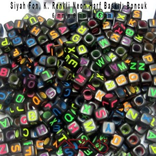 Siyah Zemin * Neon Harf - Küp (Zar) Boncuk - 6 mm / 300 Adet