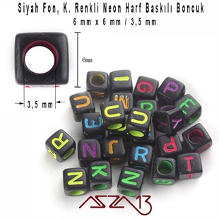 Siyah Zemin * Neon Harf - Küp (Zar) Boncuk - 6 mm / 300 Adet