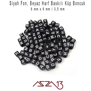 Siyah Zemin * Beyaz Harf - Küp (Zar) Boncuk - 6 mm / 300 Adet