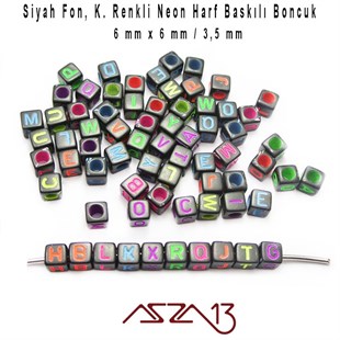 Siyah Zemin * Neon Harf - Küp (Zar) Boncuk - 6 mm / 300 Adet