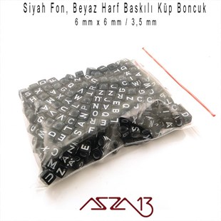 Siyah Zemin * Beyaz Harf - Küp (Zar) Boncuk - 6 mm / 300 Adet