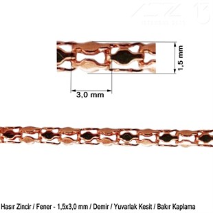 Zincir - Hasır Tip - Fener, Yuvarlak Kesit 1,5 mm - Bakır Kaplama / 1 Metre