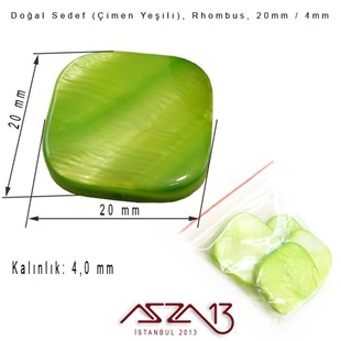 20 mm Çimen Yeşili, Doğal Sedef Rhombus Boncuk / Paket İçeriği 4 Adet
