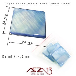 20 mm Mavi, Doğal Sedef Kare Boncuk / Paket İçeriği 4 Adet