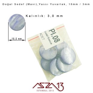 18 mm Mavi, Doğal Sedef Yassı Yuvarlak Boncuk / Paket İçeriği 6 Adet