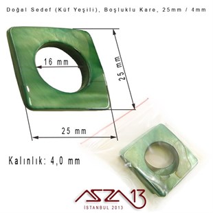 25 mm Küf Yeşili, Doğal Sedef Boşluklu Kare Boncuk / Paket İçeriği 3 Adet