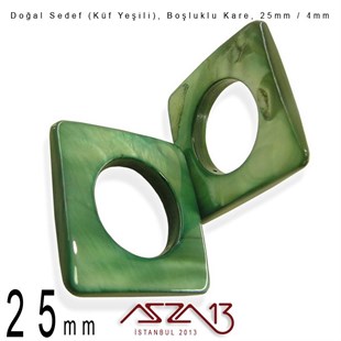 25 mm Küf Yeşili, Doğal Sedef Boşluklu Kare Boncuk / Paket İçeriği 3 Adet