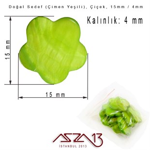 15 mm Çimen Yeşili, Doğal Sedef Çiçek Boncuk / Paket İçeriği 10 Adet