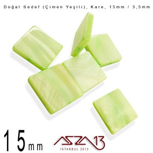 15 mm Çimen Yeşili, Doğal Sedef Kare Boncuk / Paket İçeriği 6 Adet