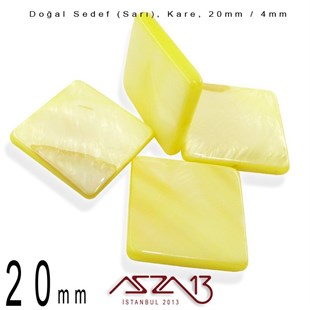 20 mm Sarı, Doğal Sedef Kare Boncuk / Paket İçeriği 4 Adet