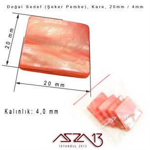 20 mm Şeker Pembe, Doğal Sedef Kare Boncuk / Paket İçeriği 4 Adet