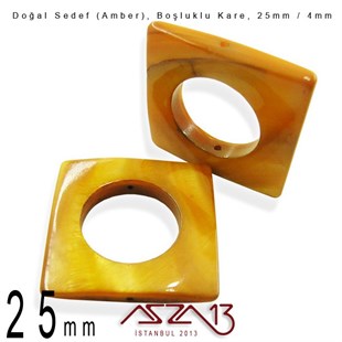 25 mm Amber, Doğal Sedef Boşluklu Kare Boncuk / Paket İçeriği 3 Adet