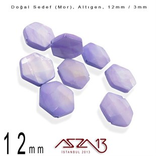 12 mm Mor, Doğal Sedef Altıgen Boncuk / Paket İçeriği 8 Adet