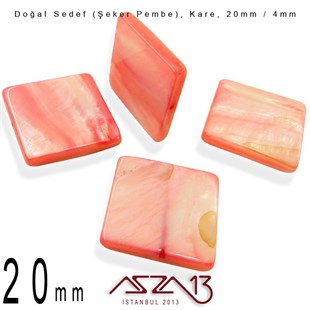 20 mm Şeker Pembe, Doğal Sedef Kare Boncuk / Paket İçeriği 4 Adet