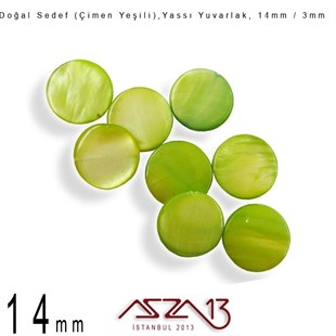14 mm Çimen Yeşili, Doğal Sedef Yassı Yuvarlak Boncuk / Paket İçeriği 8 Adet