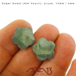 15 mm Küf Yeşili, Doğal Sedef Çiçek Boncuk / Paket İçeriği 10 Adet
