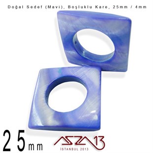 25 mm Mavi, Doğal Sedef Boşluklu Kare Boncuk / Paket İçeriği 3 Adet