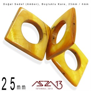 25 mm Amber, Doğal Sedef Boşluklu Kare Boncuk / Paket İçeriği 3 Adet