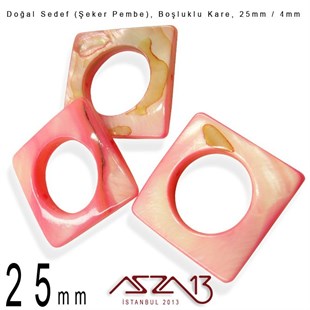 25 mm Şeker Pembe, Doğal Sedef Boşluklu Kare Boncuk / Paket İçeriği 3 Adet