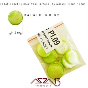 14 mm Çimen Yeşili, Doğal Sedef Yassı Yuvarlak Boncuk / Paket İçeriği 8 Adet