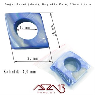 25 mm Mavi, Doğal Sedef Boşluklu Kare Boncuk / Paket İçeriği 3 Adet
