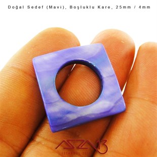 25 mm Mavi, Doğal Sedef Boşluklu Kare Boncuk / Paket İçeriği 3 Adet