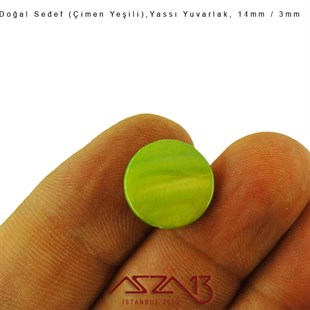 14 mm Çimen Yeşili, Doğal Sedef Yassı Yuvarlak Boncuk / Paket İçeriği 8 Adet