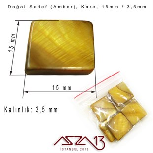 15 mm Amber, Doğal Sedef Kare Boncuk / Paket İçeriği 6 Adet
