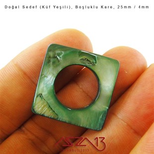 25 mm Küf Yeşili, Doğal Sedef Boşluklu Kare Boncuk / Paket İçeriği 3 Adet