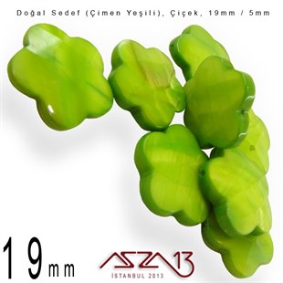 19 mm Çimen Yeşili, Doğal Sedef Çiçek Boncuk / Paket İçeriği 8 Adet